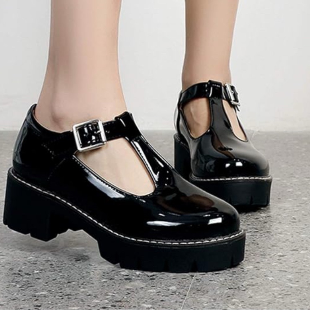 Women’s Black Patent T-Strap Espadrilles with Buckle